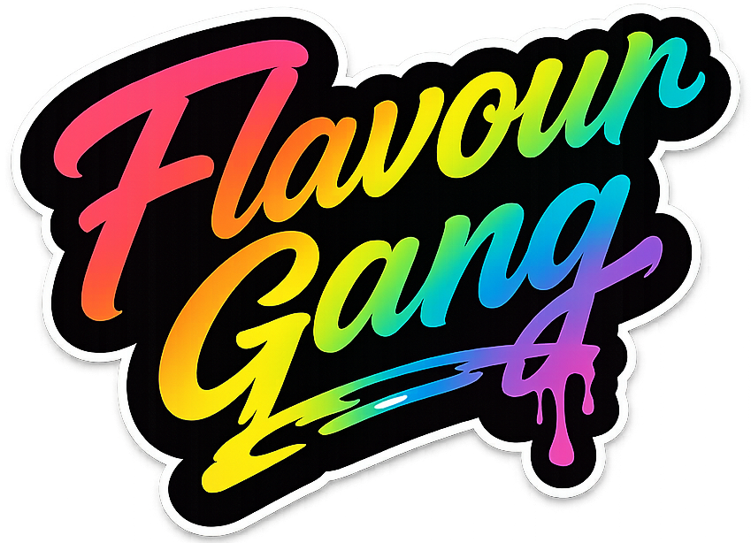 The Flavour Gang die-cut sticker: a bold hand-lettered logo in a pink-to-purple gradient, outlined in black on a white border.